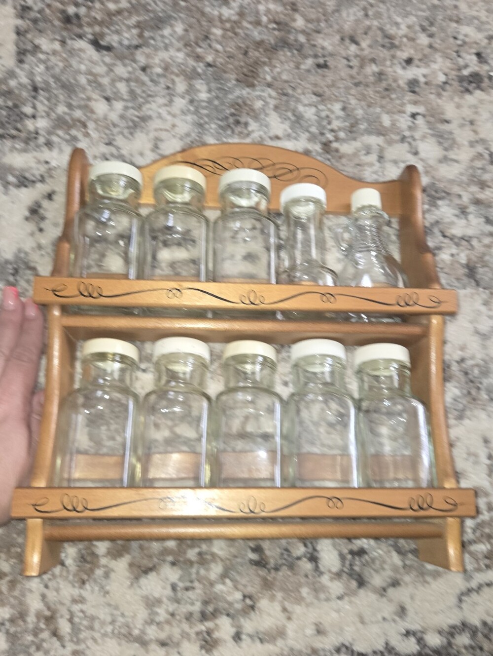 Wood Spice Rack with 10 Clear Glass Jars and Lids - Natural Wood - Picture 2 of 3